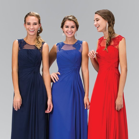 NEW LONG SLEEVELESS A-LINE CHIFFON DRESS WITH ILLUSION SCOOP NECKLINE GL1375 - Picture 3 of 9